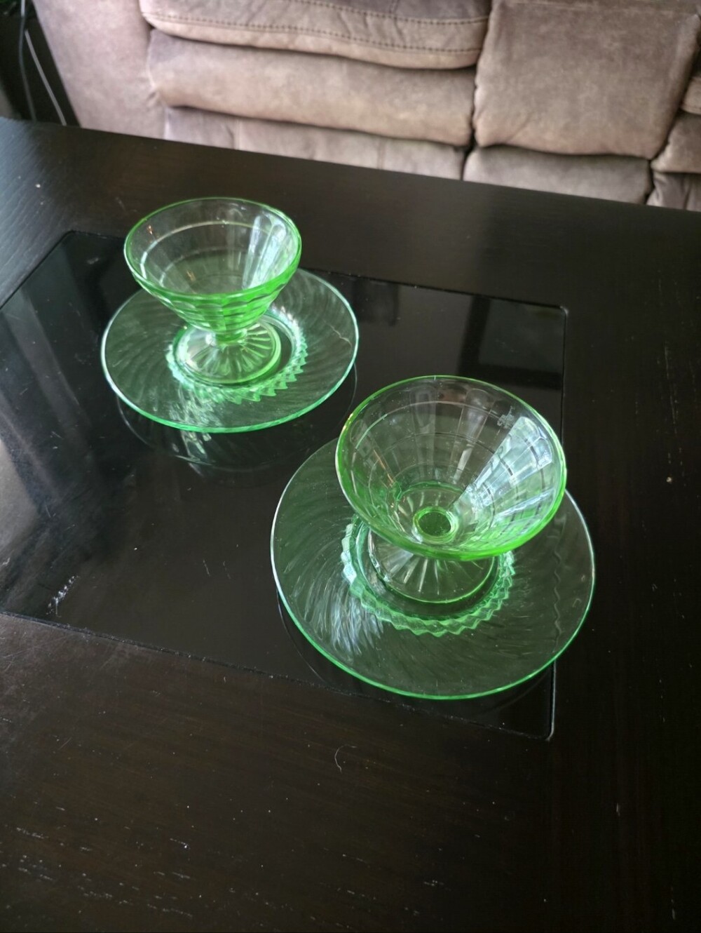 Pair of Urainum Green Depression Glass Dessert Cups with Saucers
